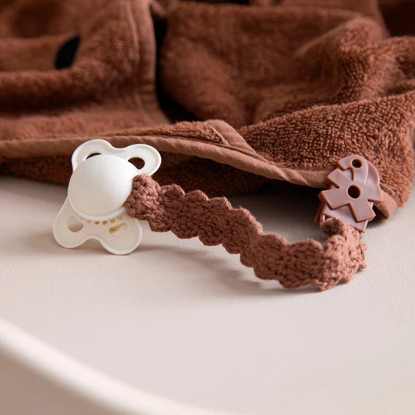 Crochet pacifier clip, dark amber