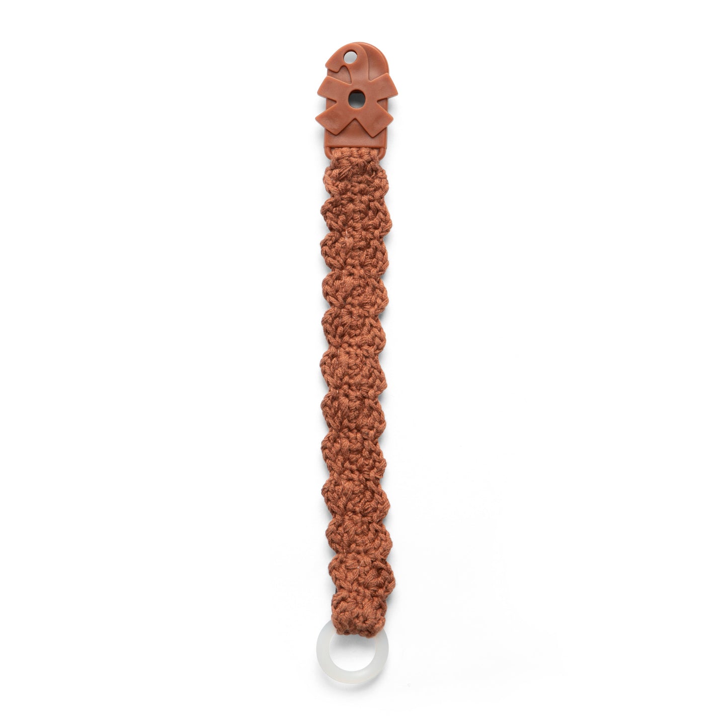 Crochet pacifier clip, dark amber