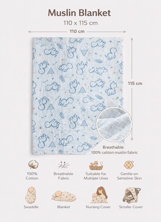 Organic Dino Muslin Blanket