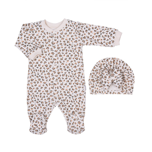 S01580 - Organic Nicole Leopard Footed Jumpsuit With Bow Bonnet